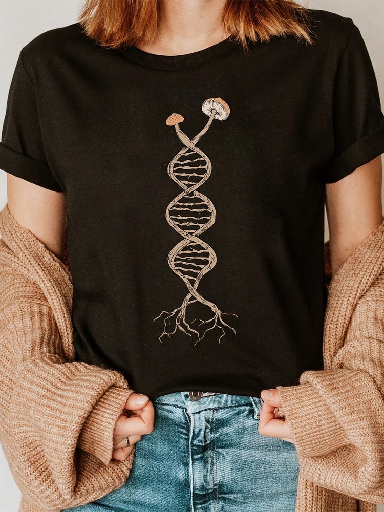 2026 TShirt With DNA Mushroom Fungus Letter Print Short Sleeve Casual Top
