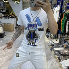 New Fashion Hot Drill Rabbit Cartoon Rhinestones Trend Summer Luxury Men T-Shirt
