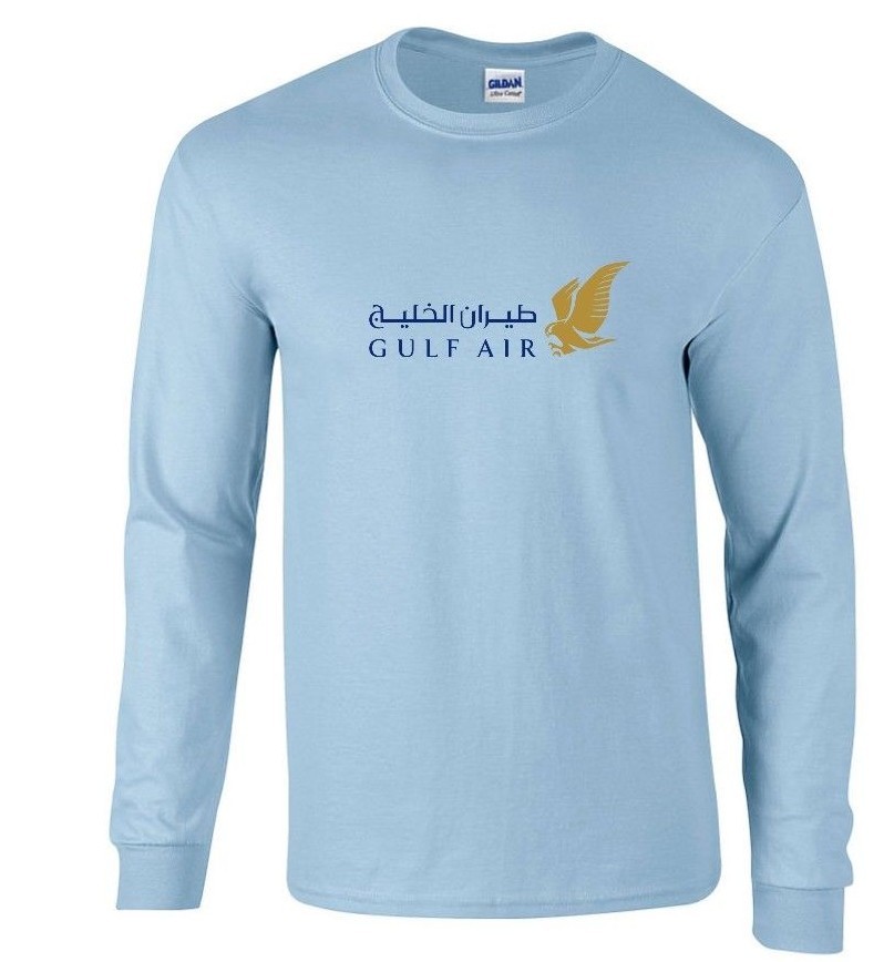 Gulf Air Blue Gold Logo Bahrain Airline Light Blue Long Sleeve Cotton T-shirt