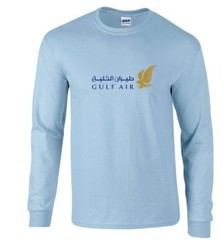 Gulf Air Blue Gold Logo Bahrain Airline Light Blue Long Sleeve Cotton T-shirt