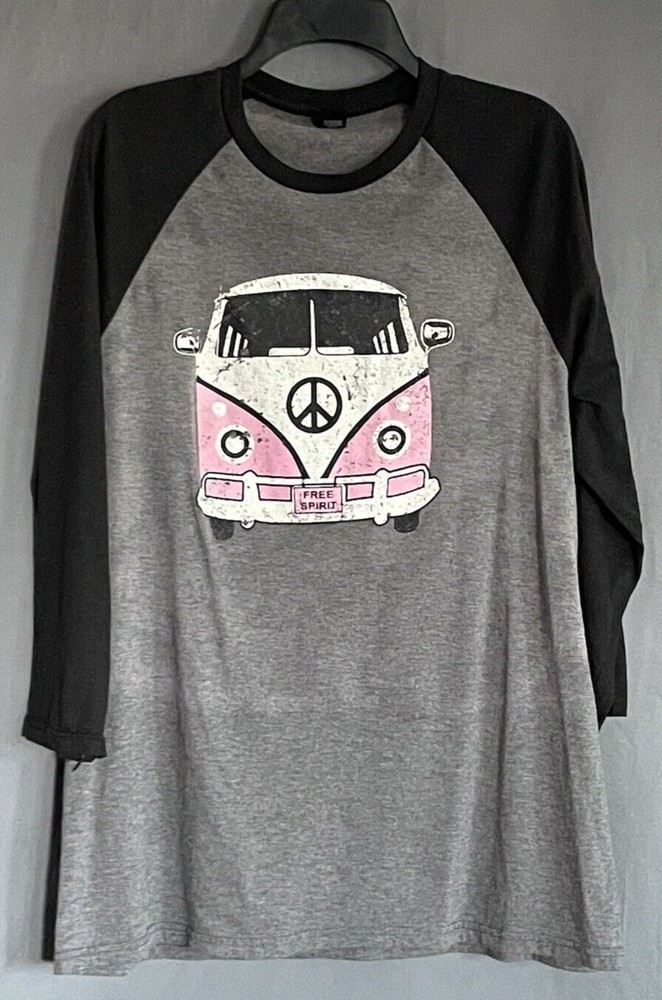 District Made Men’s XL T-Shirt 3/4 Sleeve Gray/Black Pink Peace Bus Free Spirit