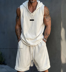 Summer Men Workout Hooded Sleeveless Tops and Shorts set Training Casual Outfits