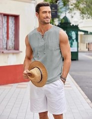 COOFANDY Men’s Cotton Linen Tank Top Shirts Casual Sleeveless Lace Up Beach L