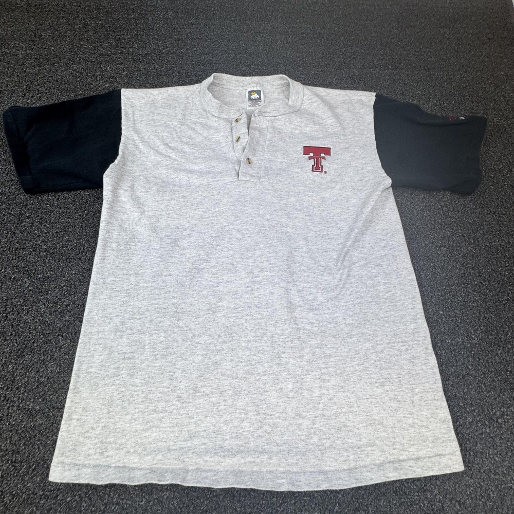 Vtg Cotton Deluxe Shirt Mens M Gray Henley Colorblock Single Stitch T-Shirt