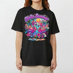 Hello Summer Tropical Flamingo T-Shirt Retro Neon Beach Vacation Holiday Tee