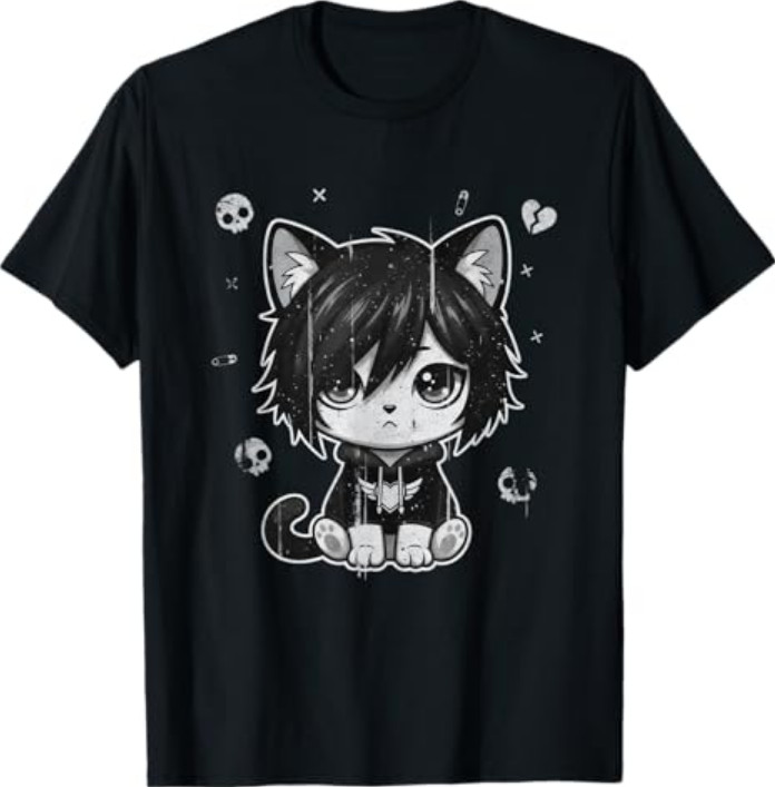 Goth Girl Emo Gothic Cat, Punk Dark Music, Grunge Cute Kitty T-Shirt