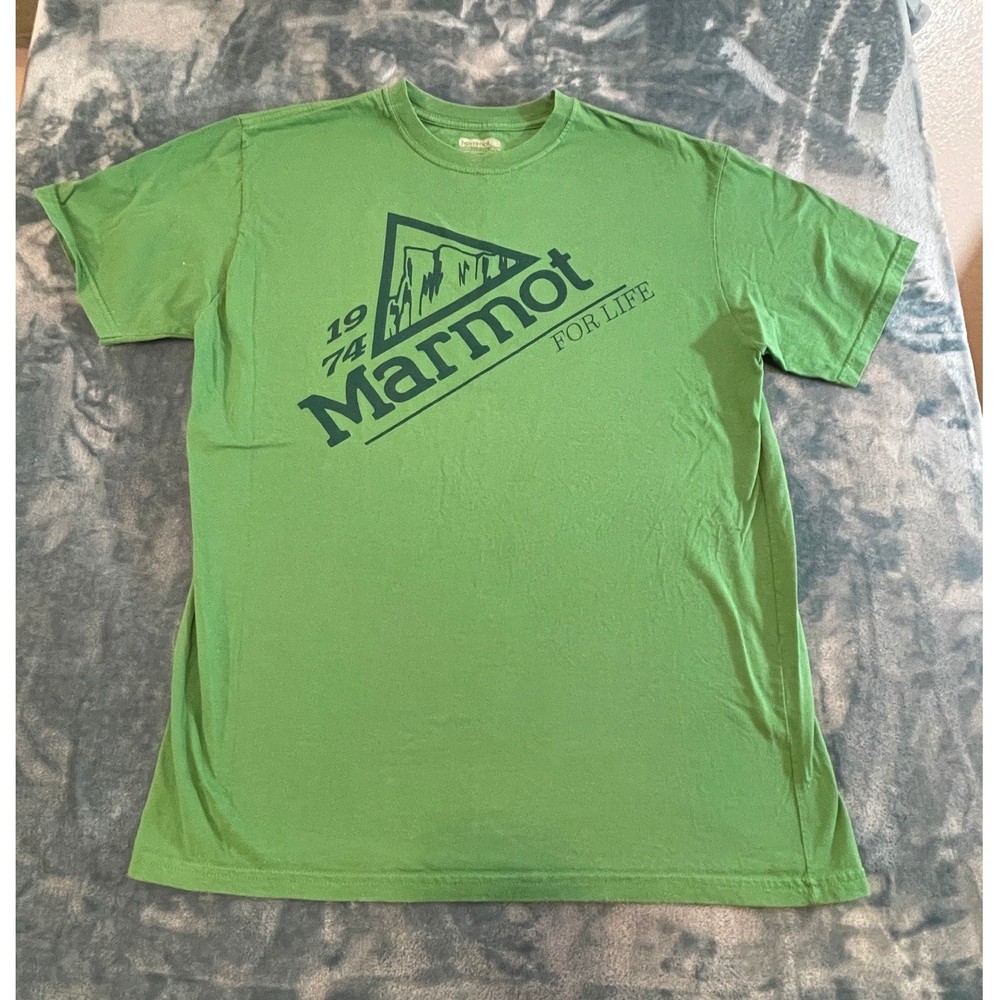Marmot Mens Green Graphic T-Shirt Organic Cotton Mountain Logo Size Large