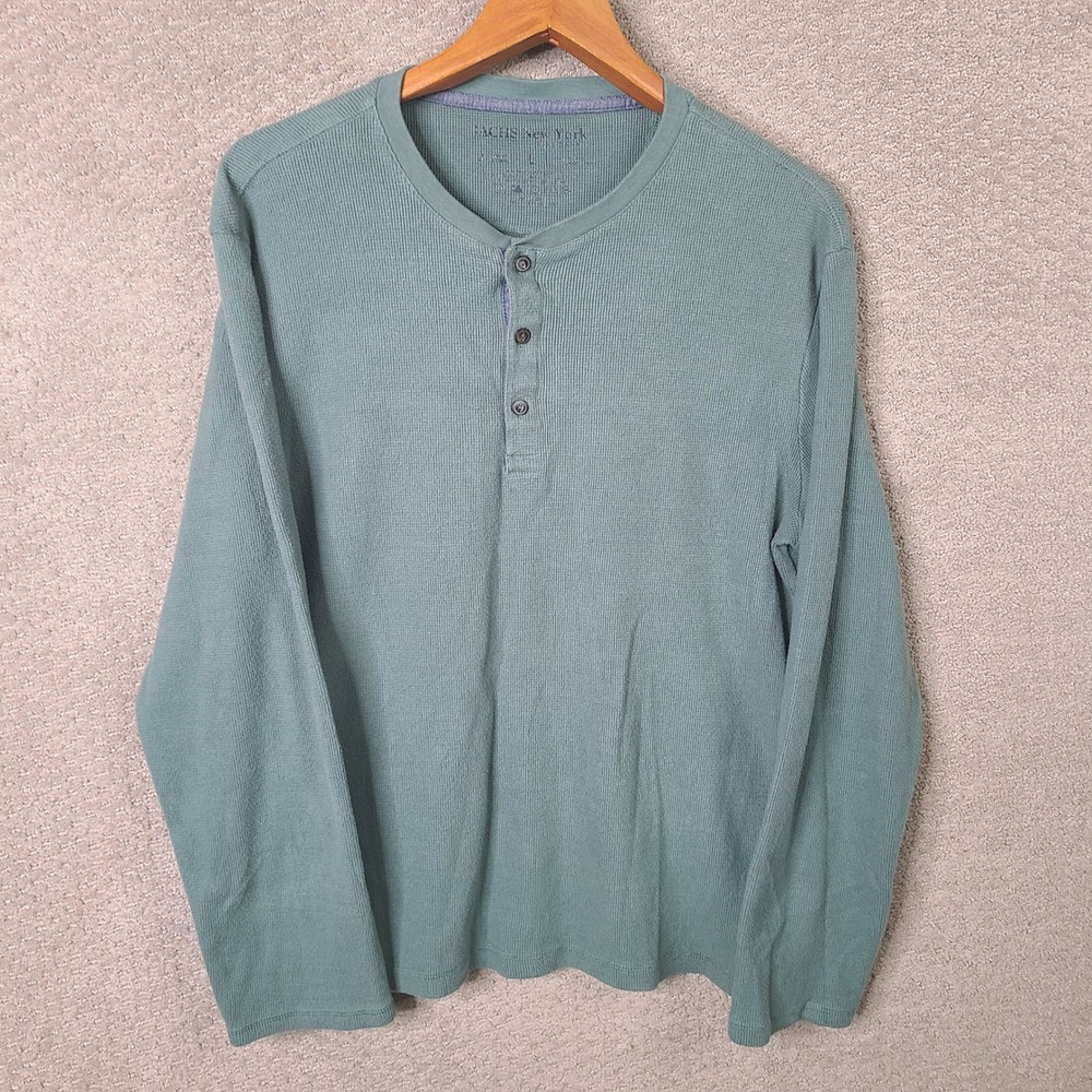 Jachs Shirt Mens L Green Henley Waffle Knit Cotton Blend Long Sleeve Casual