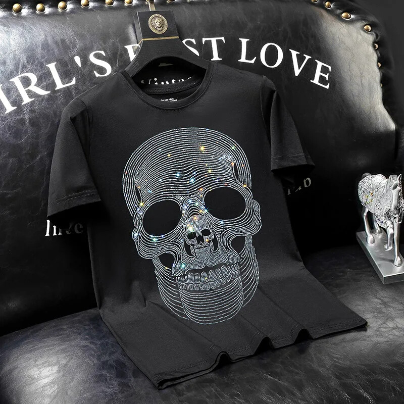 New Fashion Skull Rhinestones Summer Short Sleeve Luxury Men Streetwear T-Shirt