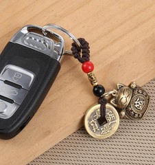 Lucky Cat Keychain, with Five Emperors Money Feng Shui Coins, Maneki Neko Goo…