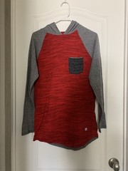 Depart West T Shirt Men’s Large Red Gray Hooded Long Sleeve Pocket B33-6