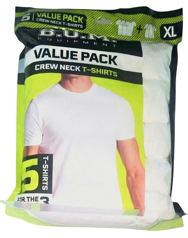 BUM 5x Value Pack Men’s T-shirts, Cotton, White, Size XL