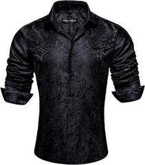 Mens Silk Paisley Western Shirt Long Sleeve Button Down Cowboy Dress Top Casual
