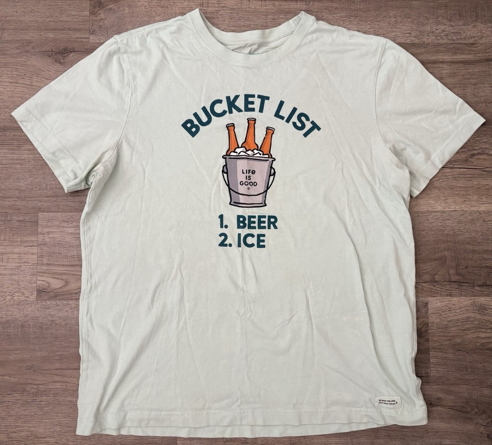 Life Is Good Bucket List Beer Ice Mens Large Graphic T Shirt Cream Casual