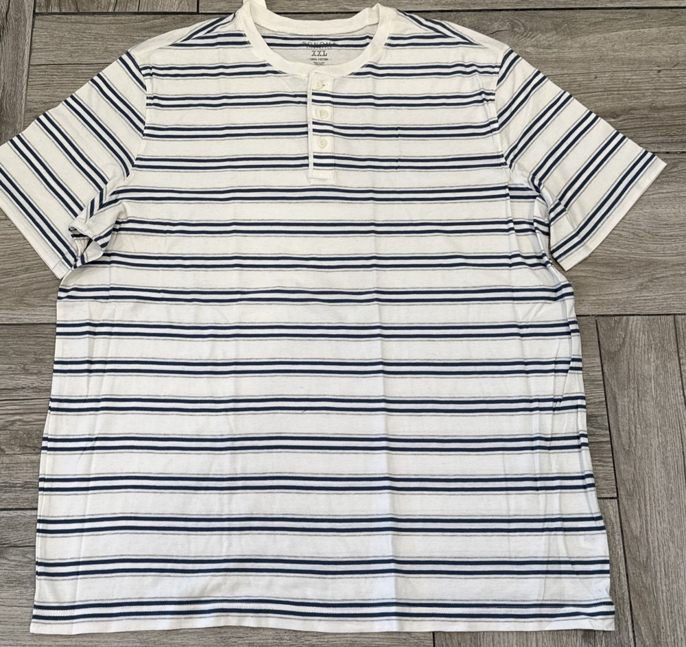 Sonoma Henley Size XXL Off White Blue & Gray Stripes New With Tags