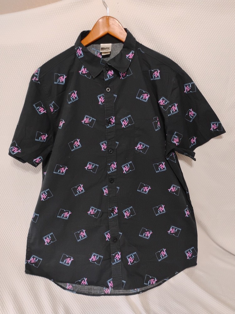 MTV Music Television Logo Button Down Print Shirt Mens XL Y2K 100% Cotton