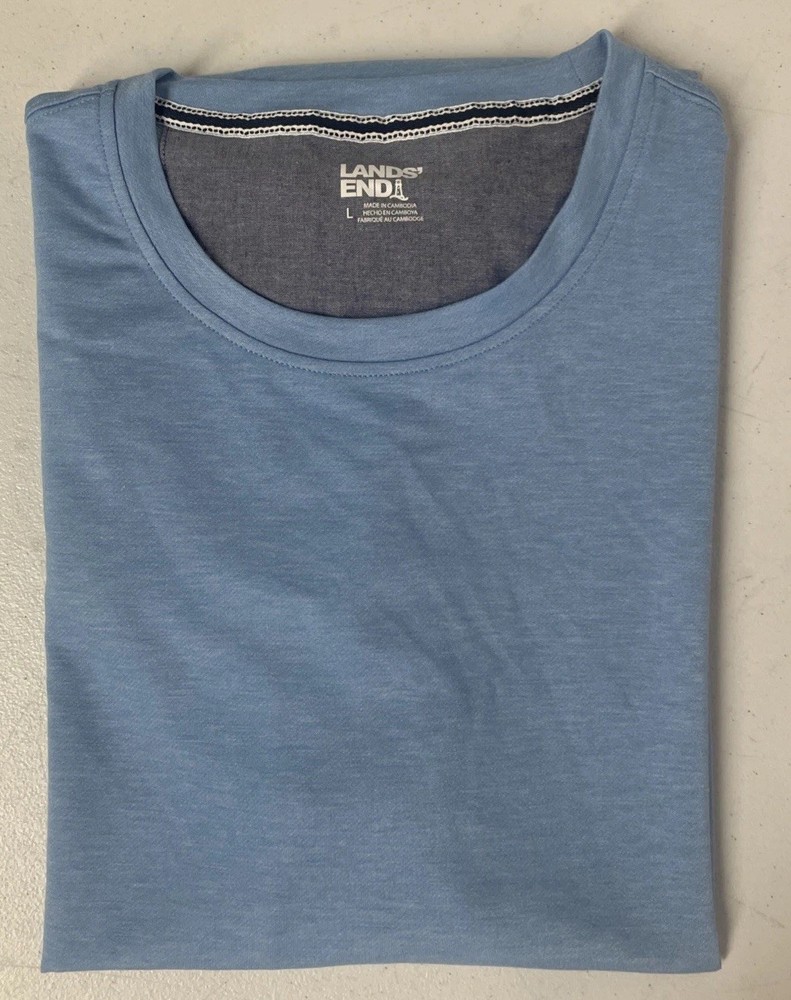 Lands End Mens Classic Fit 4-Way Stretch Tee Shirt BLUE Crewneck LARGE Short Sle