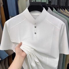 Business Casual Short Sleeve T-Shirt for Men Solid Spliced Mesh Slim Collar