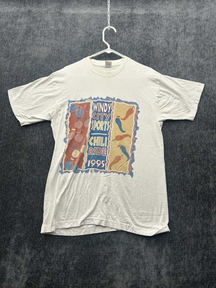 Vintage Fruit Of The Loom T Shirt Mens Large White Windy City Sports Chili Ride