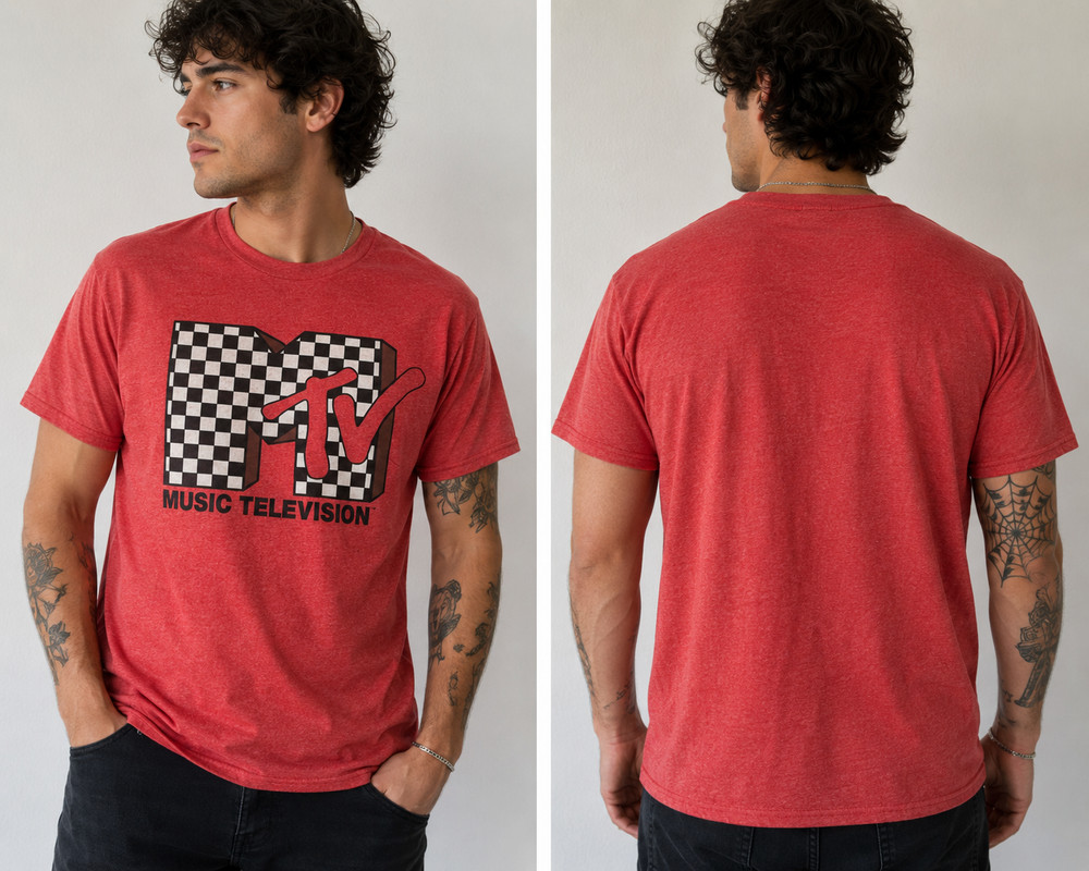 MTV Music Television Logo T-Shirt Mens Large Red Checkered Graphic Tee 2021