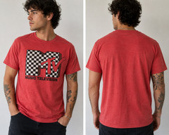 MTV Music Television Logo T-Shirt Mens Large Red Checkered Graphic Tee 2021