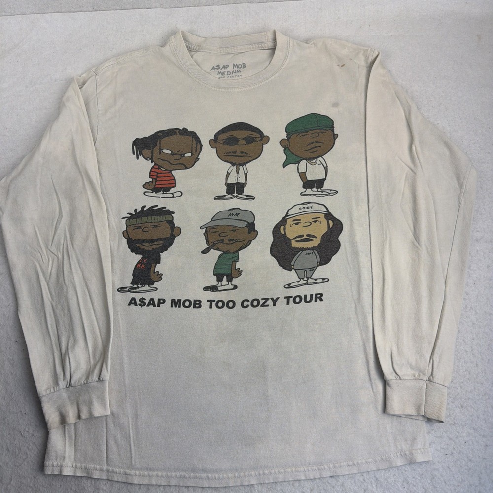 Asap MOB too cozy tour LS shirt white Med RIP ASAP YAMS peanuts cartoon spoof