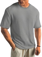 Mens Summer T Shirt Casual Ribbed Crew Neck Short Sleeve Solid Color Tee Top