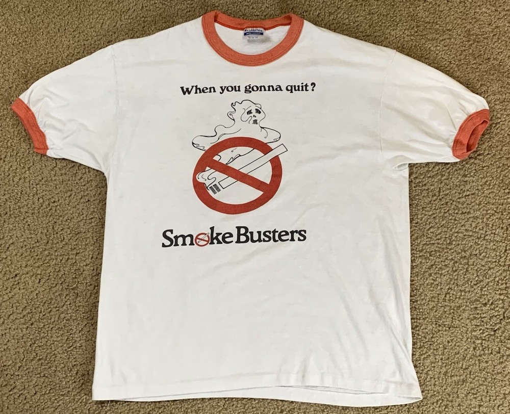 Hanes SMOKE BUSTERS Adult XL Short Sleeve Ringer Graphic T VTG 80s Poly Cotton