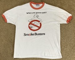 Hanes SMOKE BUSTERS Adult XL Short Sleeve Ringer Graphic T VTG 80s Poly Cotton