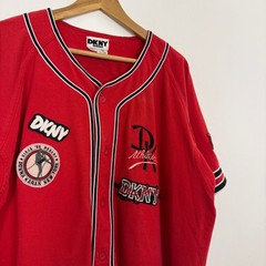 Vintage 90s DKNY Patchwork Baseball Jersey Button Up Shirt Streetwear Sportswear