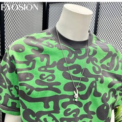 Men’s Green Graphic T-Shirt Vintage Abstract Print Cotton Casual O-Neck Tee