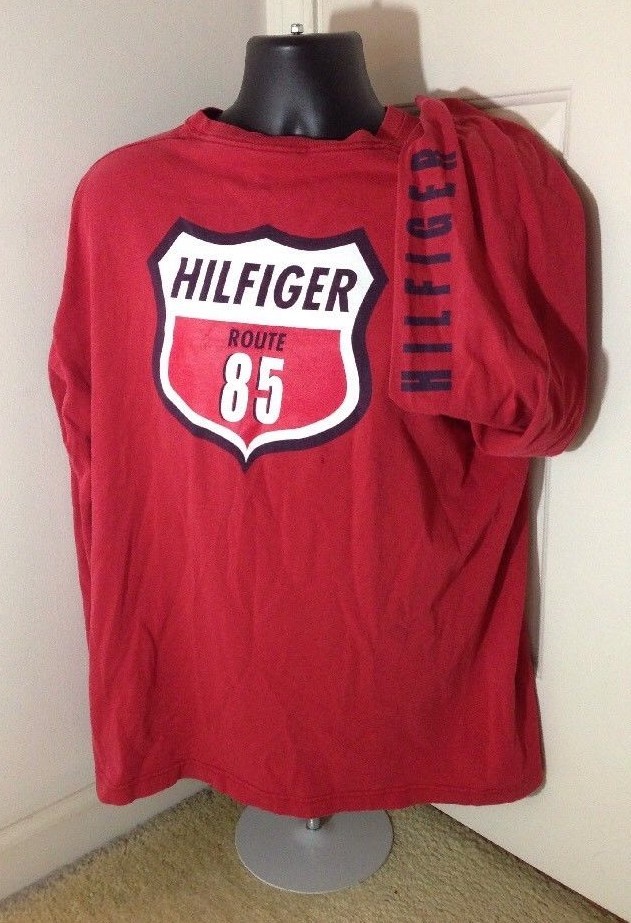 VTG 90s Tommy Hilfiger Route 85 Long Sleeve T Shirt Red Racing Spell Out Large L