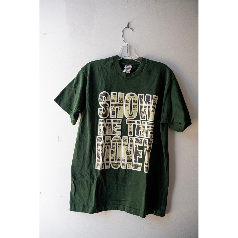 Vintage Show Me The Money Graphic T-Shirt Mens Medium Green Dollar Bill Print