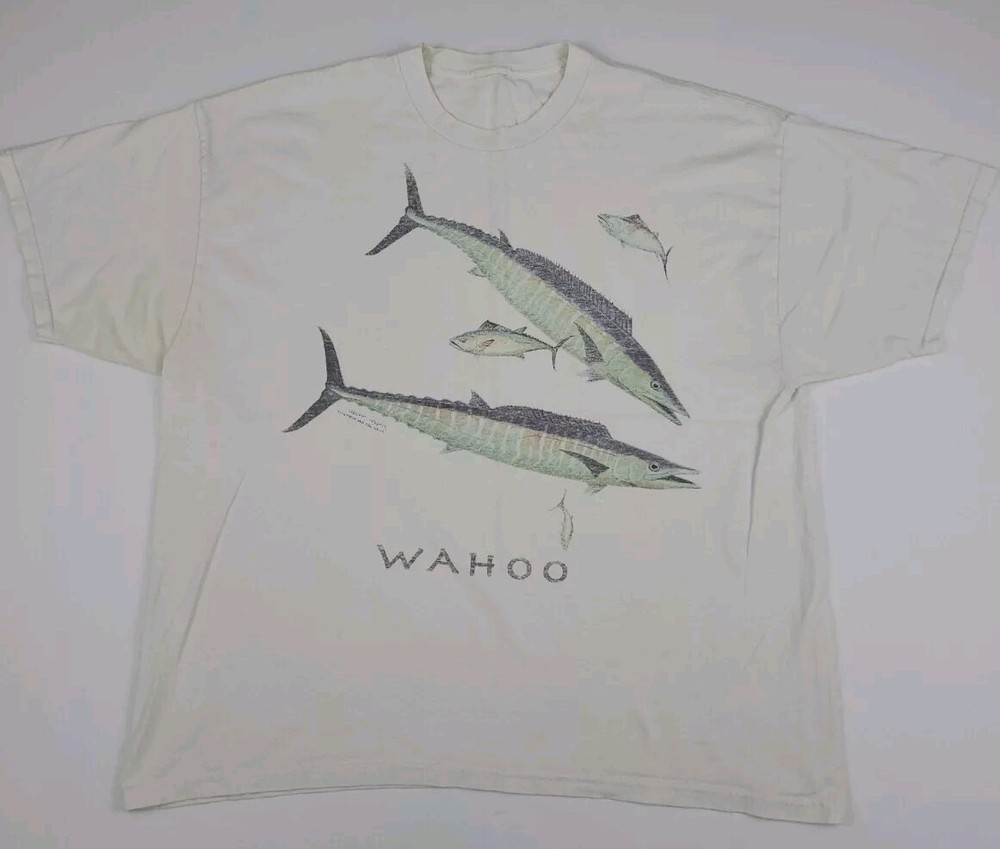 Vintage 90s Wahoo Fish Marlin Artwork Print T Shirt Vtg Fishing Outdoor USA Art