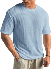 Mens Summer T Shirt Casual Ribbed Crew Neck Short Sleeve Solid Color Tee Top