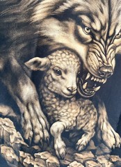 Hand Painted T-Shirt Wolf and Lamb Bleach Art Unique Handmade Size XL
