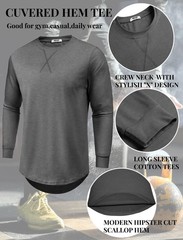 2 Pack T Shirts for Men Long Sleeve Cotton Hipster Hip Hop Longline Crewneck …