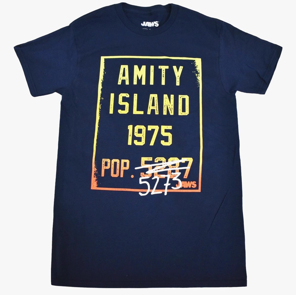 JAWS Mens Amity Island 1975 Population 5273 Shark Terror Movie Shirt New S, M