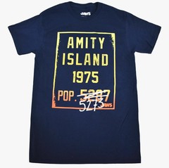 JAWS Mens Amity Island 1975 Population 5273 Shark Terror Movie Shirt New S, M