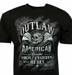 Outlaw Southern Rebel Men’s T-shirt- American Moto Club – Skull-Wings Black