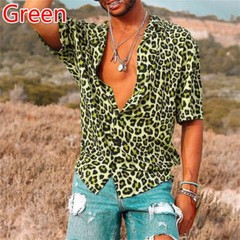 Men’s Leopard Print Shirt Casual Slim Shirts Short Sleeve Button Down Top Blouse