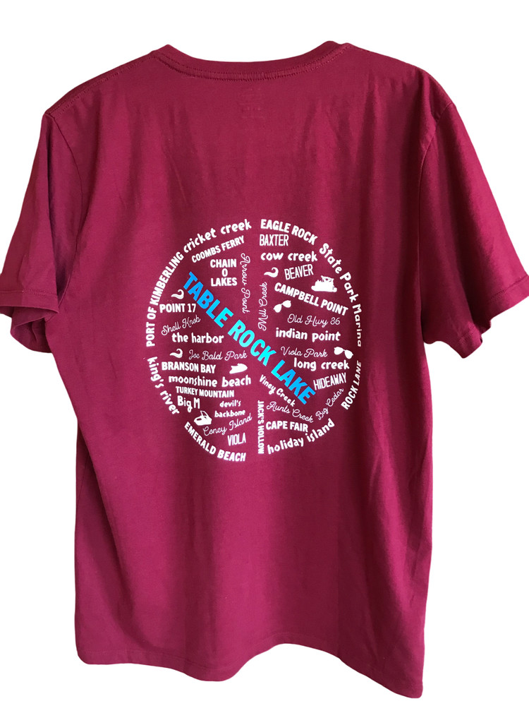 Upcycled Table Rock Lake T-shirt w/ Marinas & Landmarks Graphic, Magenta Size L