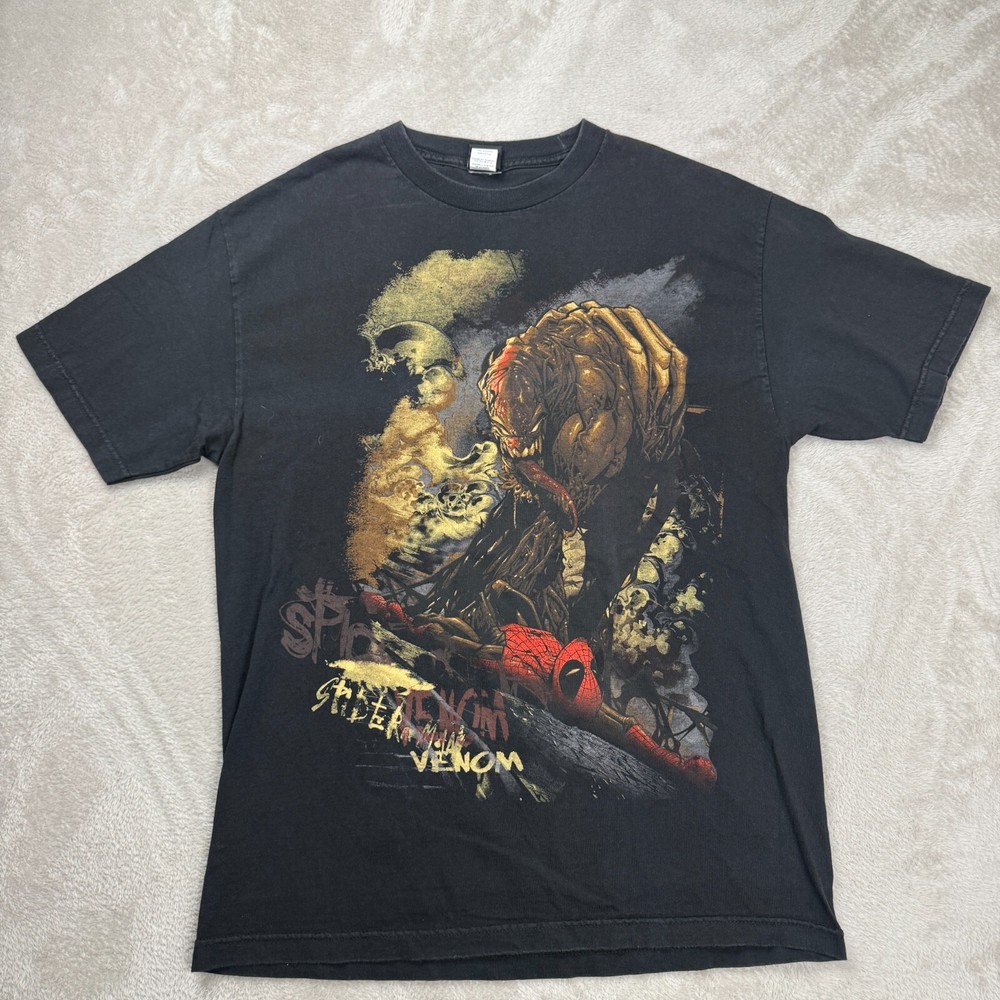 Vintage Y2K Marvel Mad Engine Spiderman and Venom Shirt Mens L Black Preowned