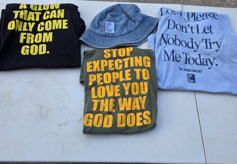 ​God Is Dope Clothing Lot 4pc Streetwear Denim Bucket Hat Graphic T-Shirts 2XL