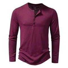 Men’s Autumn Cotton Henley Neck T-Shirt, Long Sleeve, Casual Slim Fit