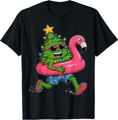 Funny Christmas in July Shirts Christmas Tree Flamingo Float T-Shirt
