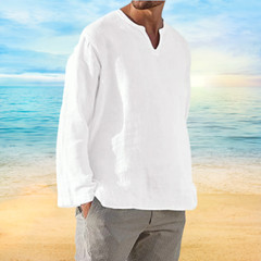 Men’s Shirt Long Sleeve Cotton Linen T-shirt V-Neck Solid Breathable Casual NEW