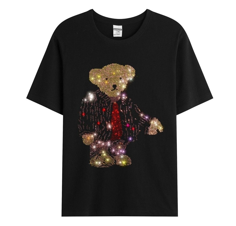 New Fashion Diamond Rhinestones Bear Short Sleeve Luxury Men T-Shirt