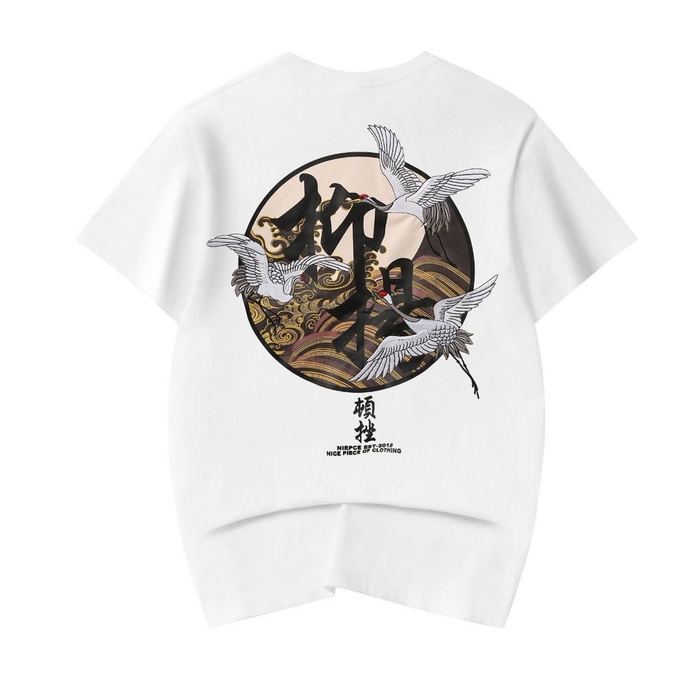 Niepce Japanese Streetwear Embroidery T-shirt Movement of Cranes Graphic Tee L