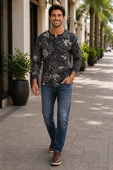 BONOBOS Henley Shirt Men XL Long Sleeve Tropic Floral Resort Weekend Casual Gray